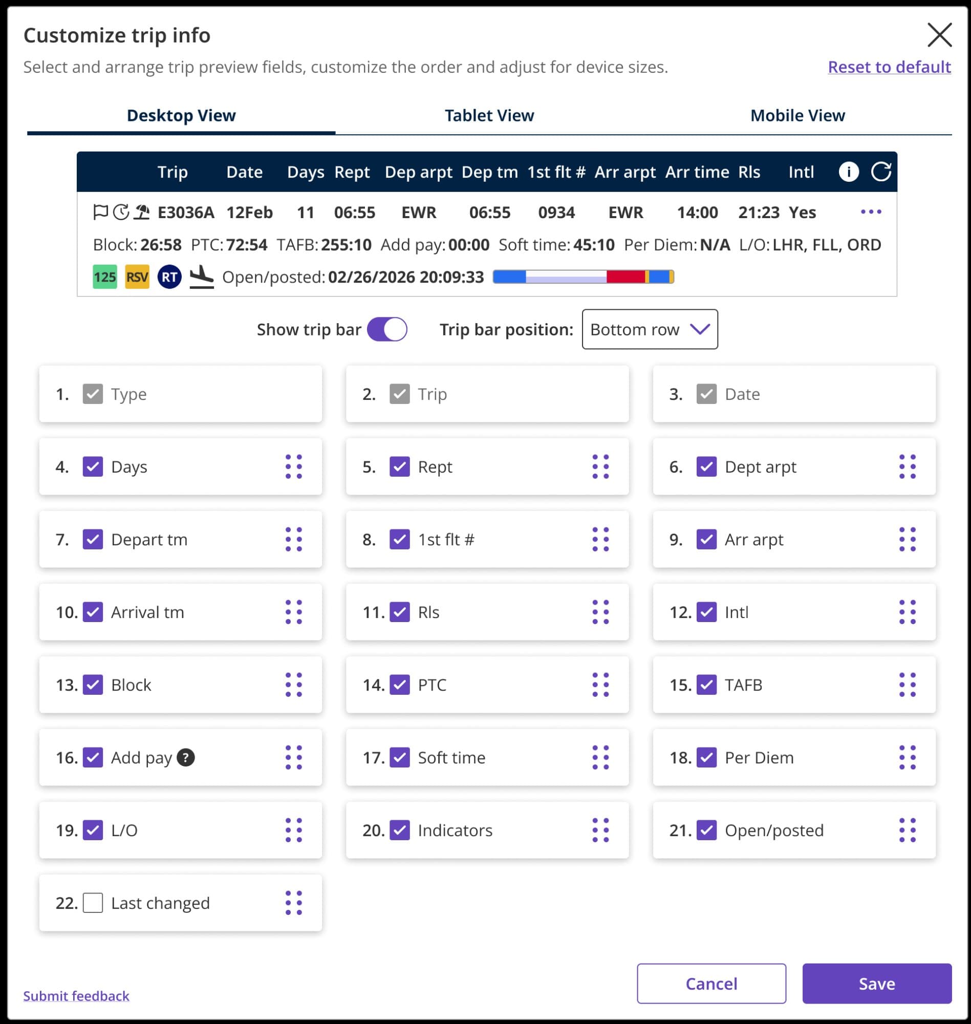 CCS+ Customize Trip Info — live preview, device tabs, drag-and-drop reordering