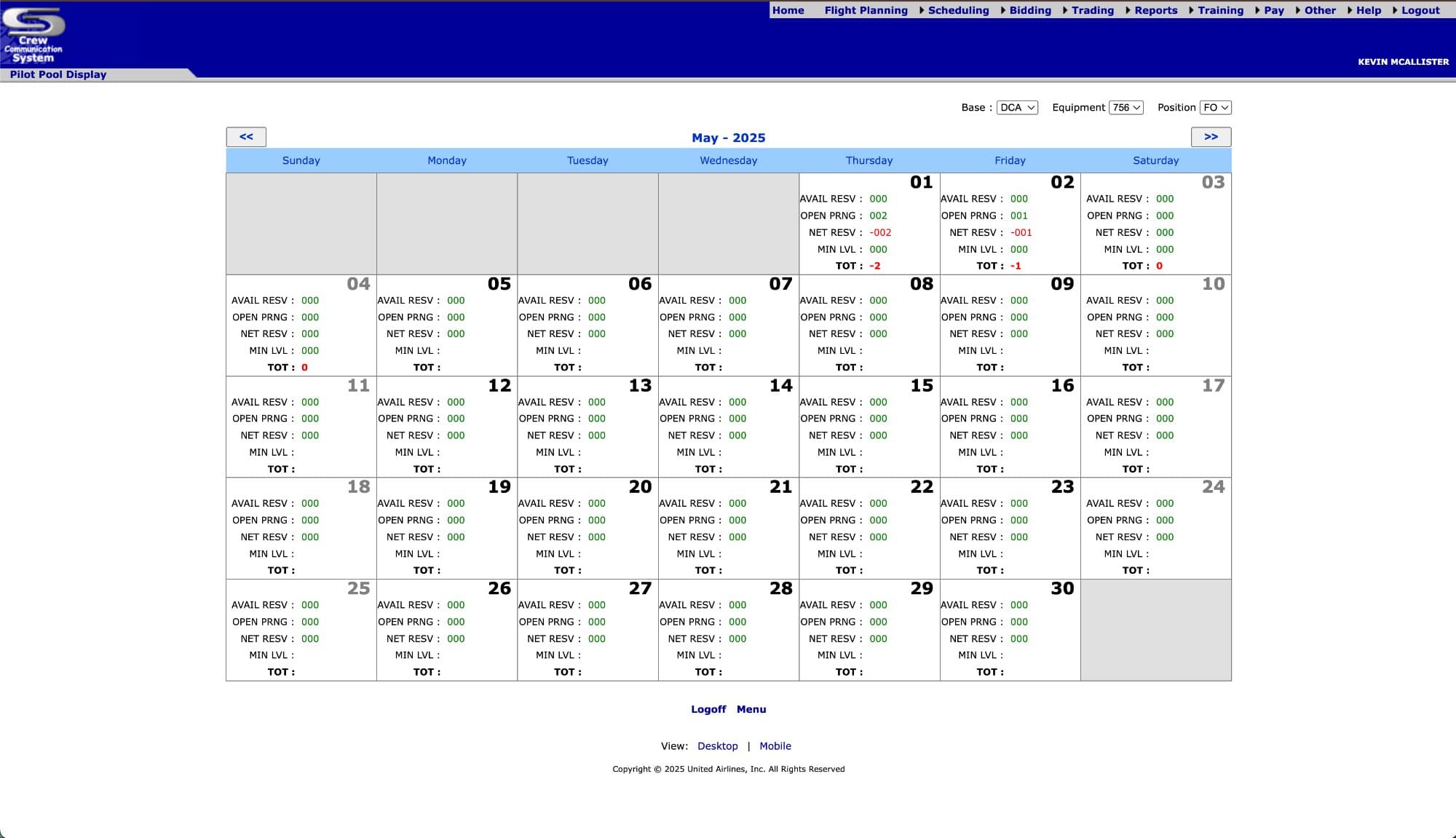 Legacy pool display — static monthly calendar grid with raw reserve counts