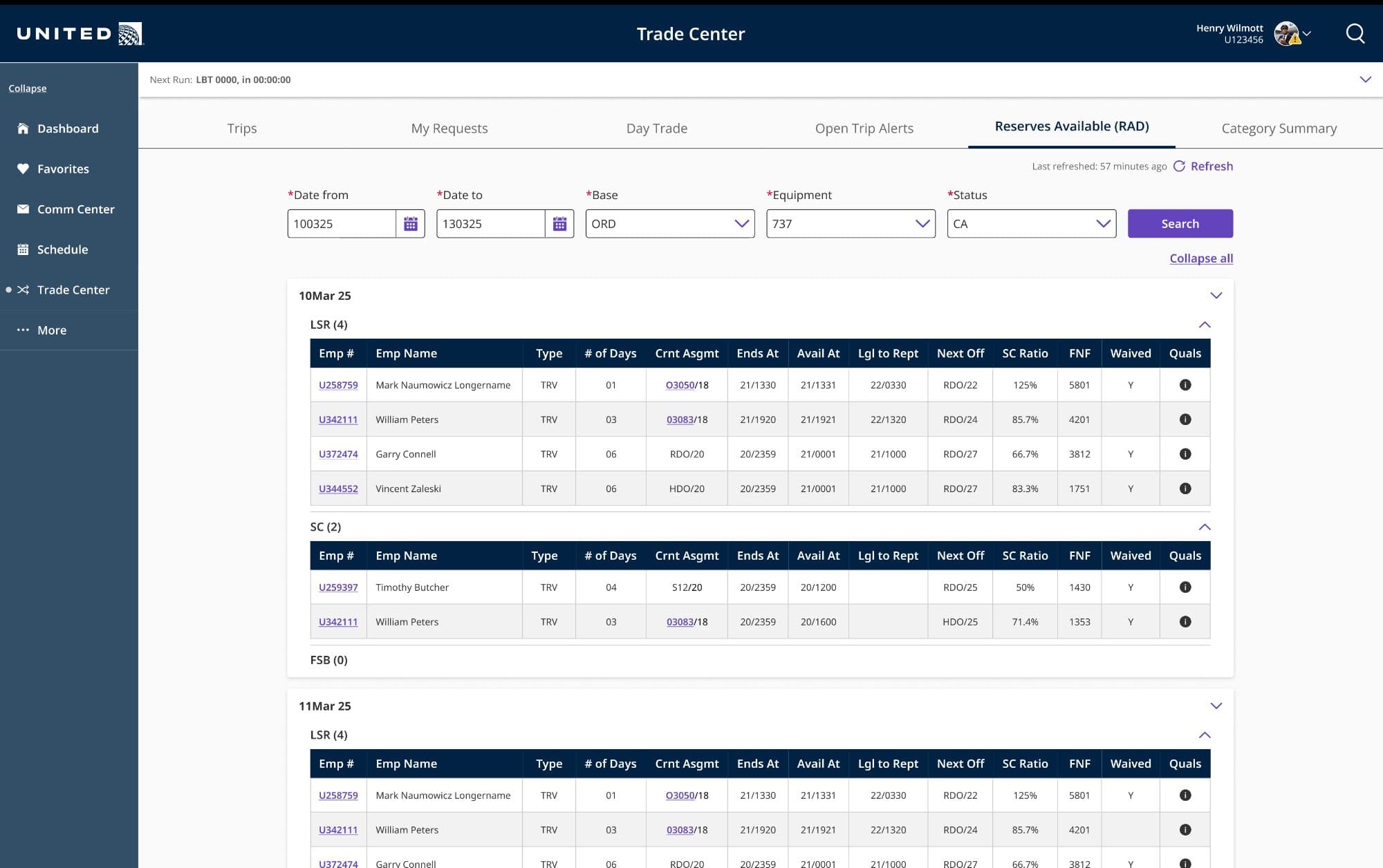 CCS+ Reserves Available — date-grouped collapsible sections with dropdown filters