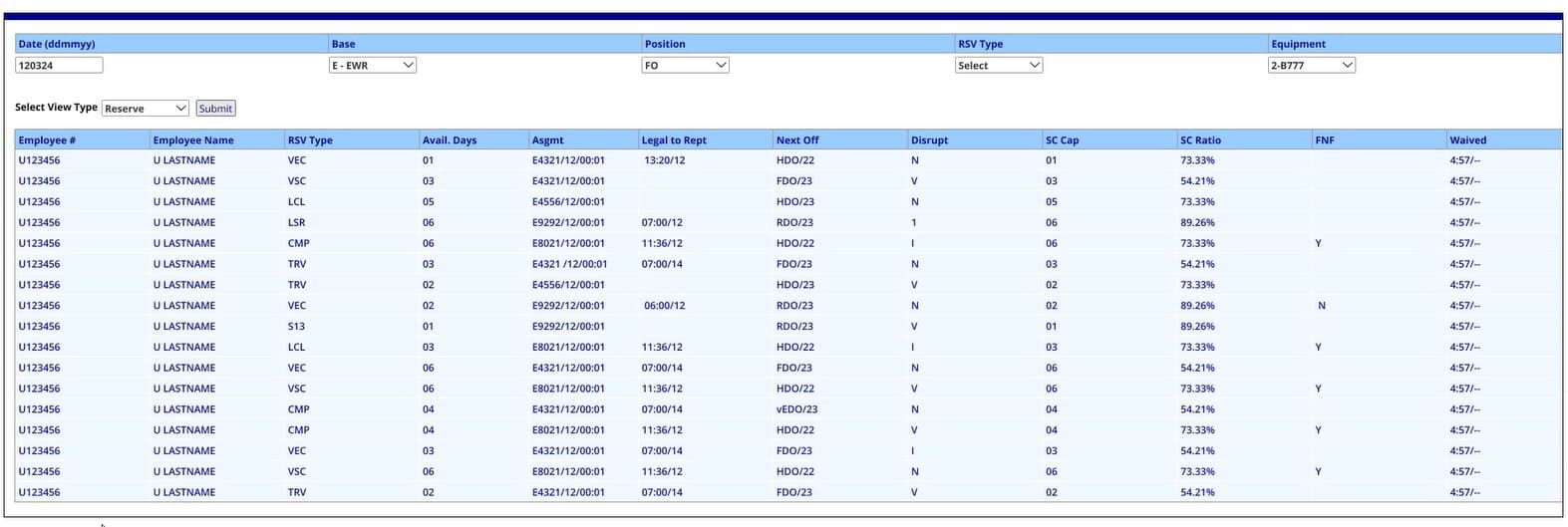Legacy RAD — flat ungrouped data table with manual date input