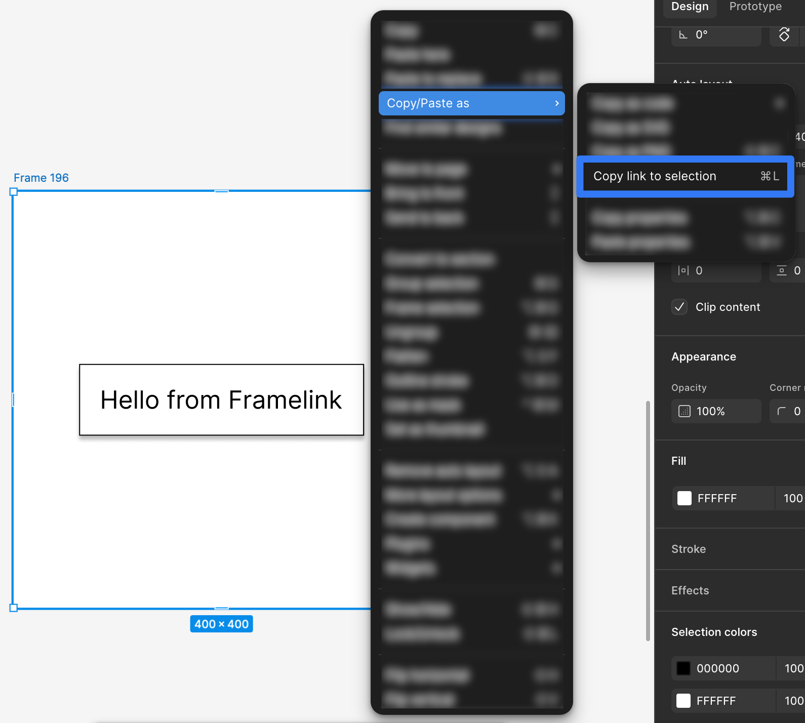 Figma right-click context menu showing the Copy link to selection option