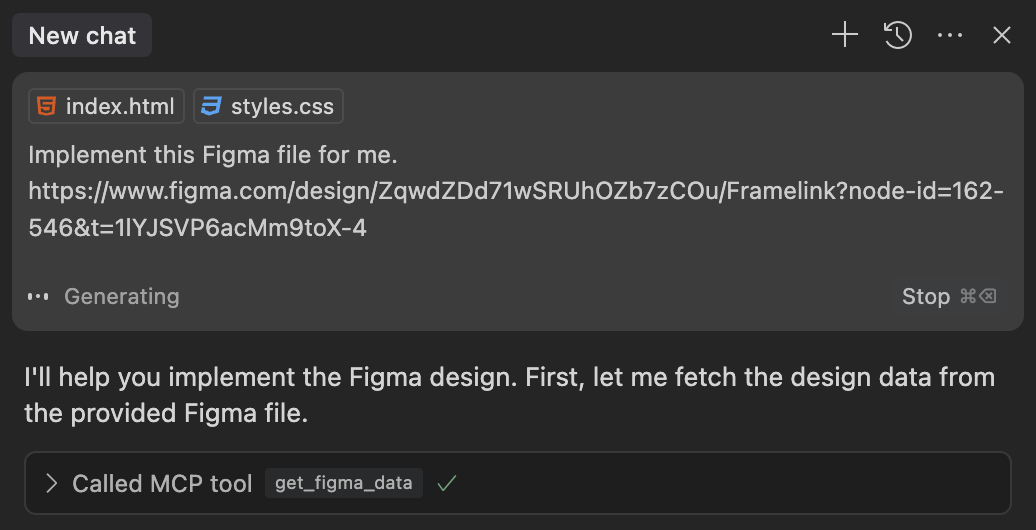 Claude chat interface showing a Figma link pasted with an implementation request